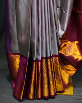 Elegant Grey Kanjivaram Silk Saree with Maroon Contrast